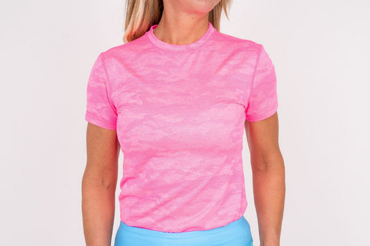 Jordan's Collarless Collection - Neon Pink Camo Women's Golf Shirt Taylor Jordan Apparel 