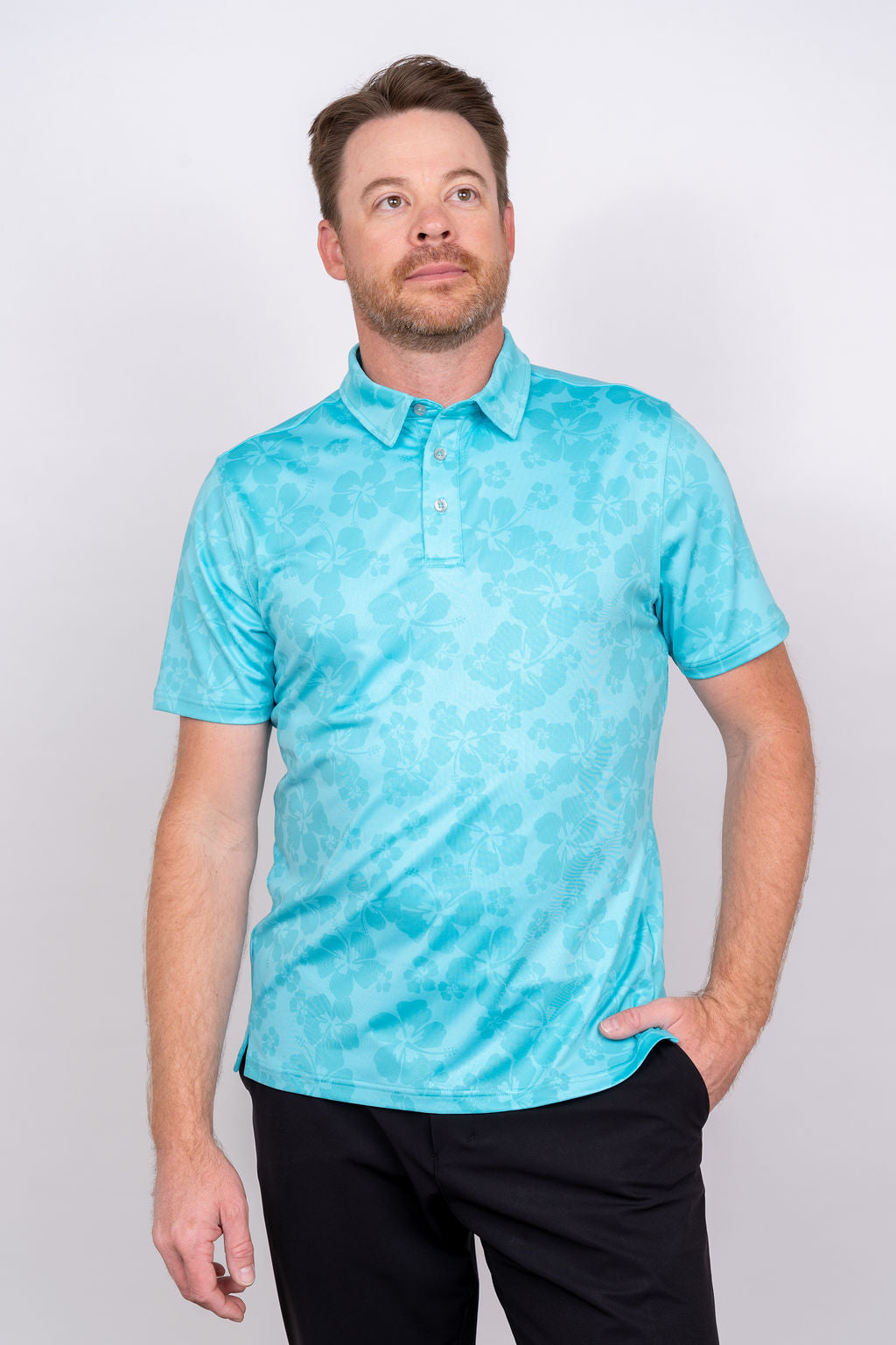 Player's Golf Shirt- Miami Blue Ghost Hibiscus Men's Golf Shirt Taylor Jordan Apparel 
