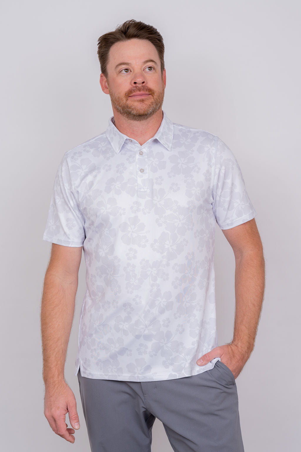 Player's Golf Shirt - White Ghost Hibiscus (Large, XL Only) Men's Golf Shirt Taylor Jordan Apparel 